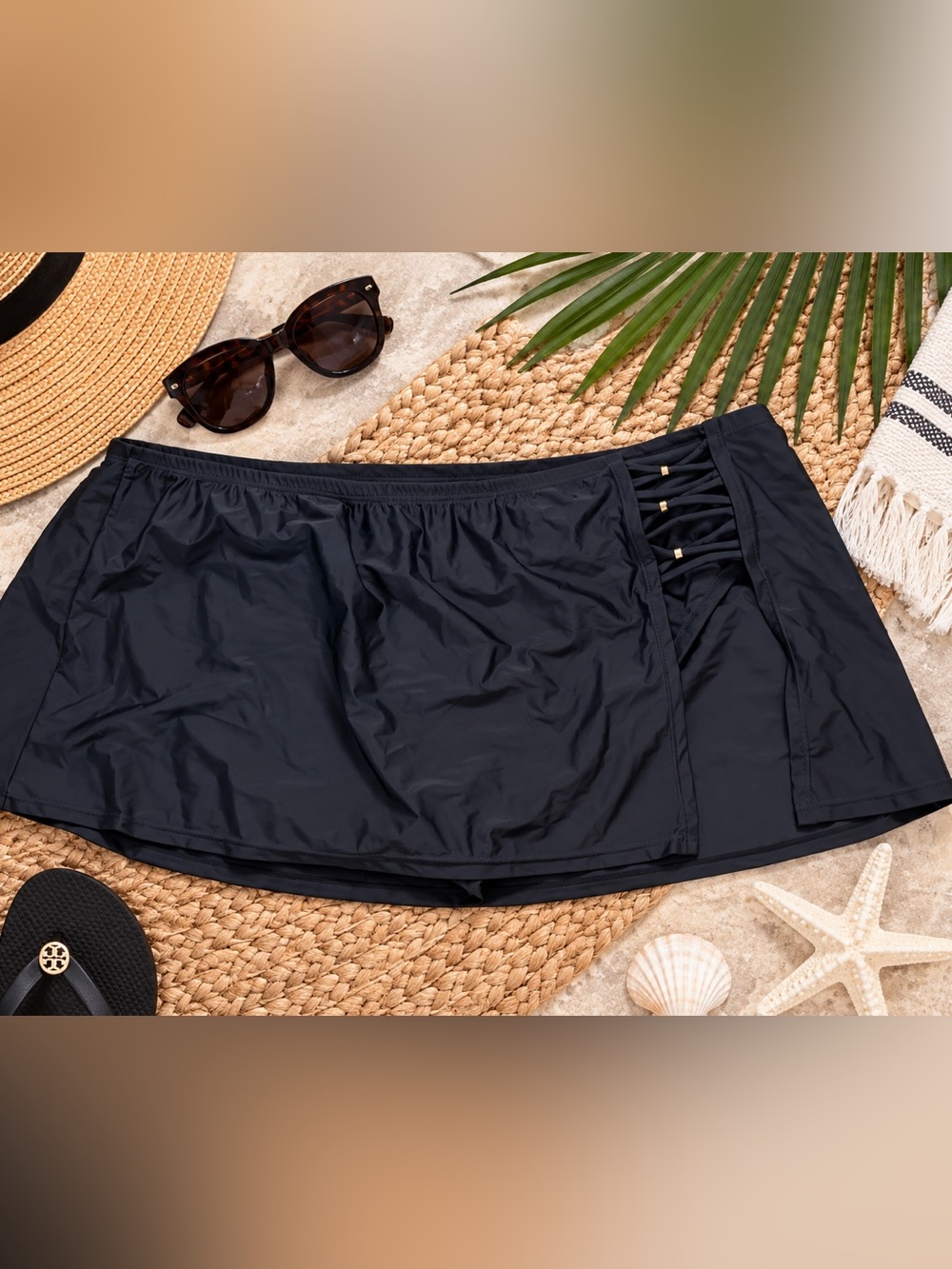 Time and Tru Black Swim Skirt Skort Side Cutout Gold Detail Women's 1X